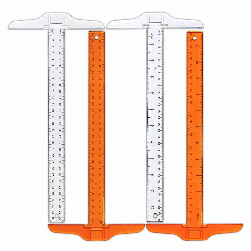 Transparent and orange plastic T-square rulers with British and dual centimetre scales for student design