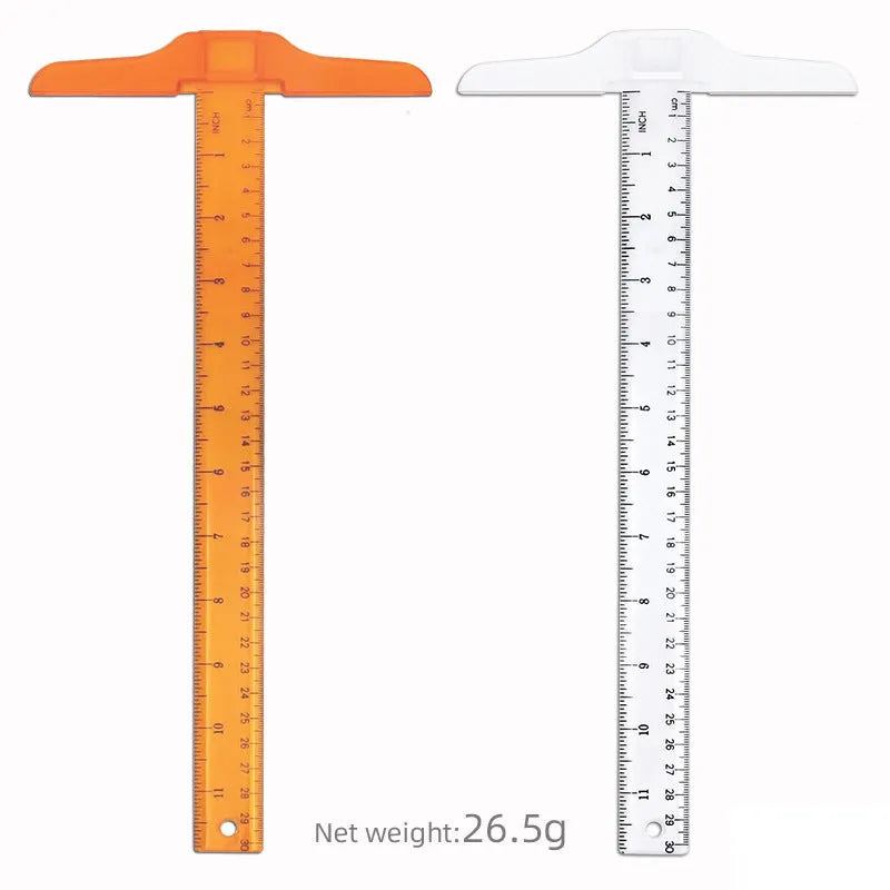 Transparent and orange plastic T-square rulers with British and dual centimetre scales for student design