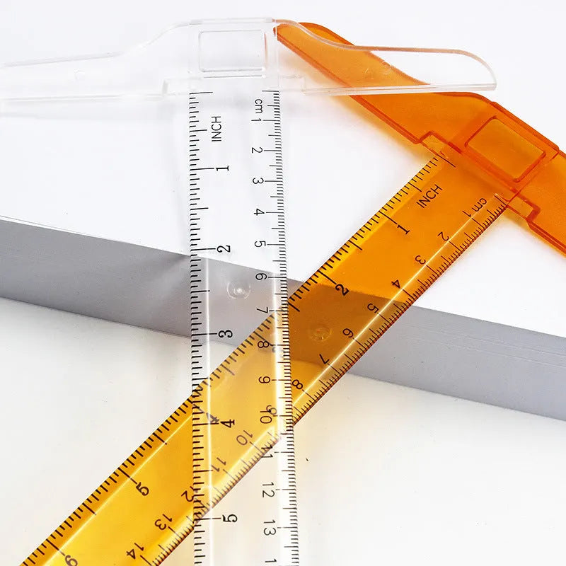 Transparent and orange plastic T-square rulers with British and dual centimetre scales for student design