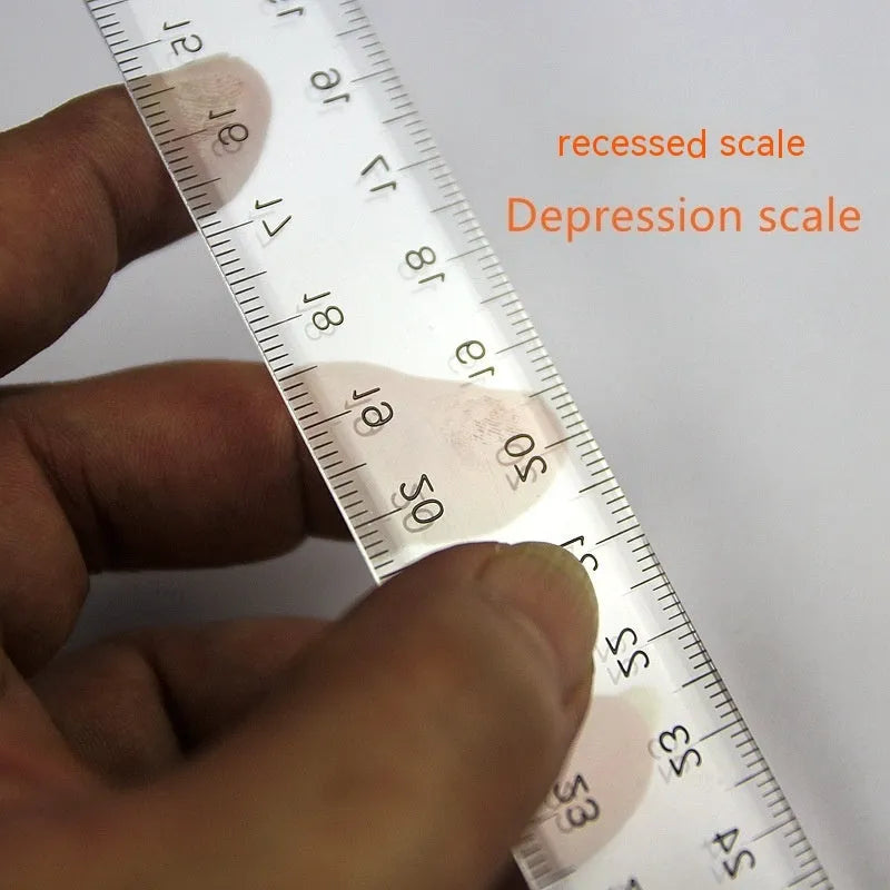 Transparent and orange plastic T-square rulers with British and dual centimetre scales for student design