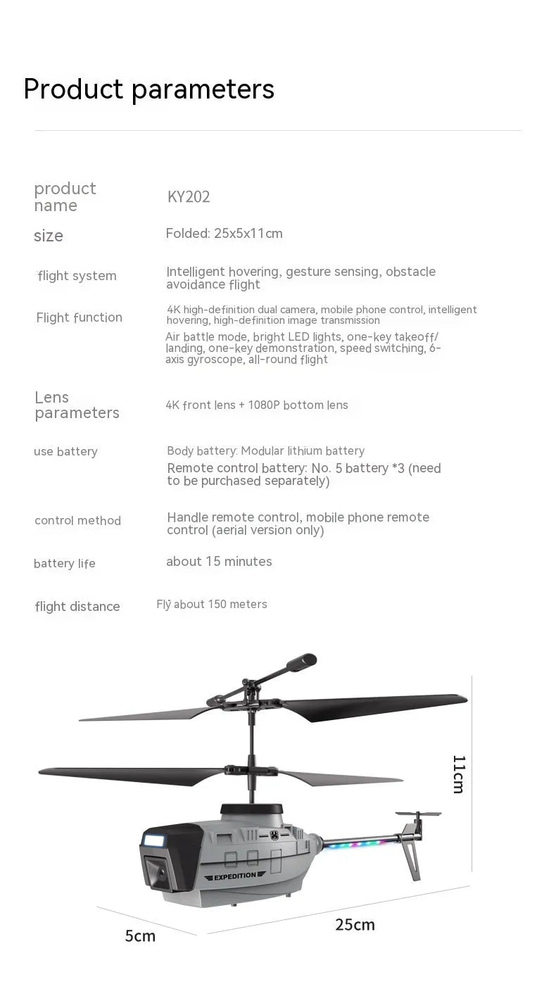 Heifeng grey plastic RC reconnaissance helicopter toy with coloured lights, remote control and accessories on a table.