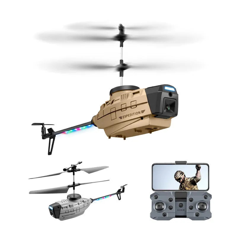 Heifeng grey plastic RC reconnaissance helicopter toy with coloured lights, remote control and accessories on a table.