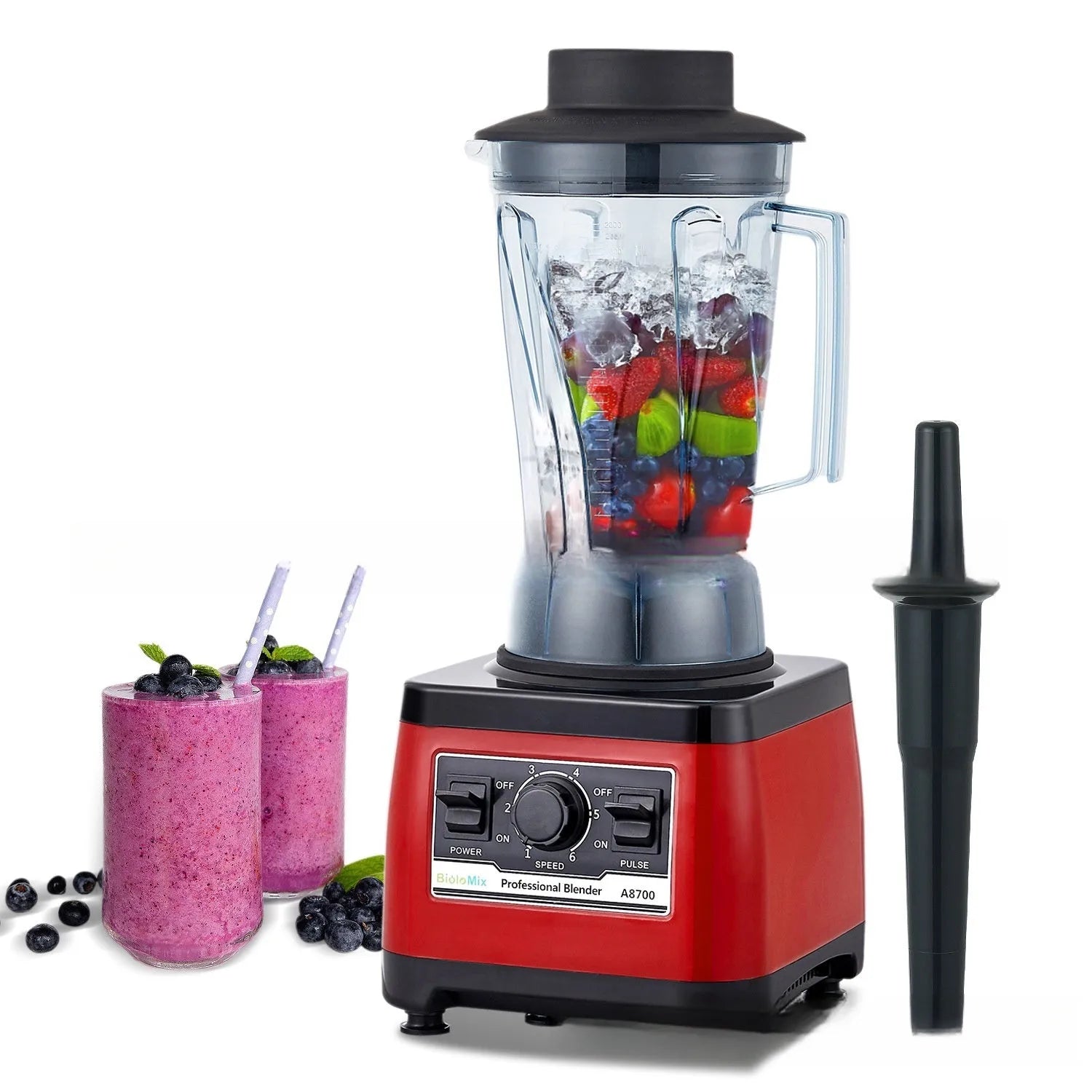 Red commercial blender with 2200W power and 2-litre capacity for professional kitchens