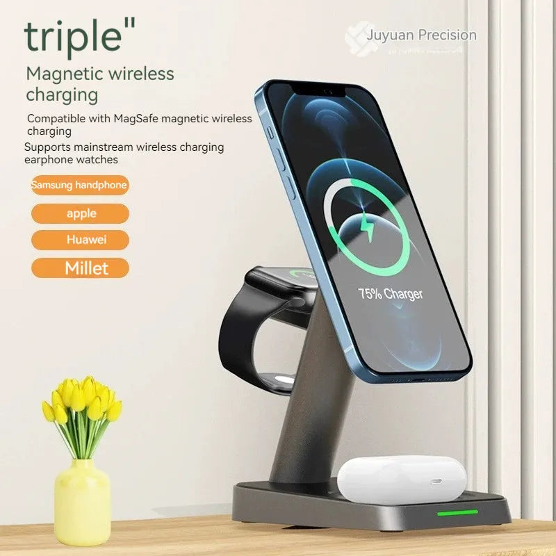 Black cube wireless charging station with vertical phone stand and Apple Watch charger