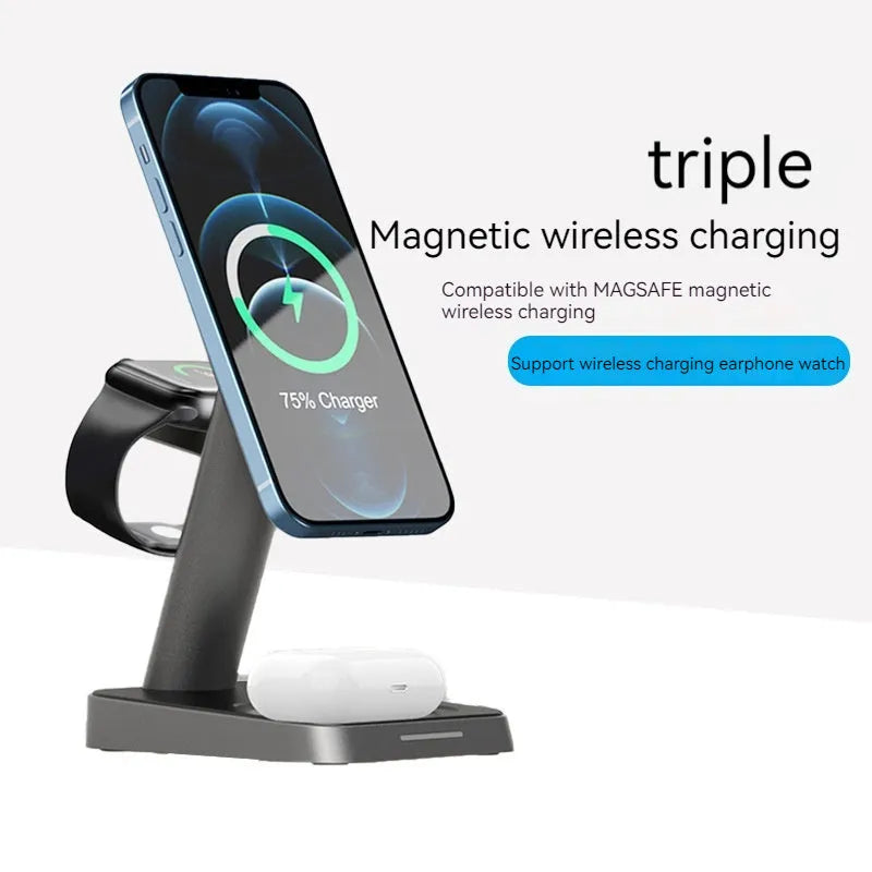 Black cube wireless charging station with vertical phone stand and Apple Watch charger