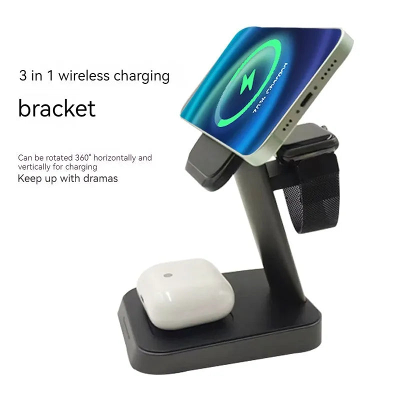 Black cube wireless charging station with vertical phone stand and Apple Watch charger