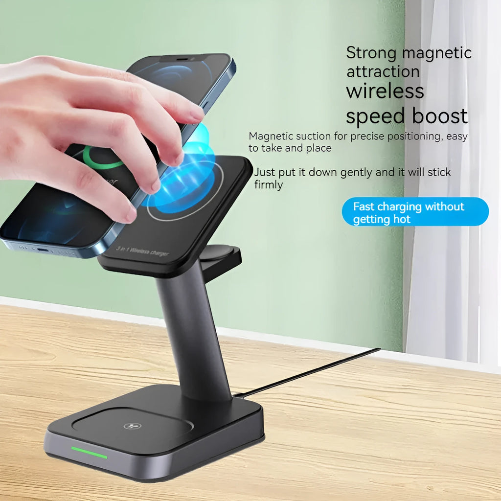 Black cube wireless charging station with vertical phone stand and Apple Watch charger