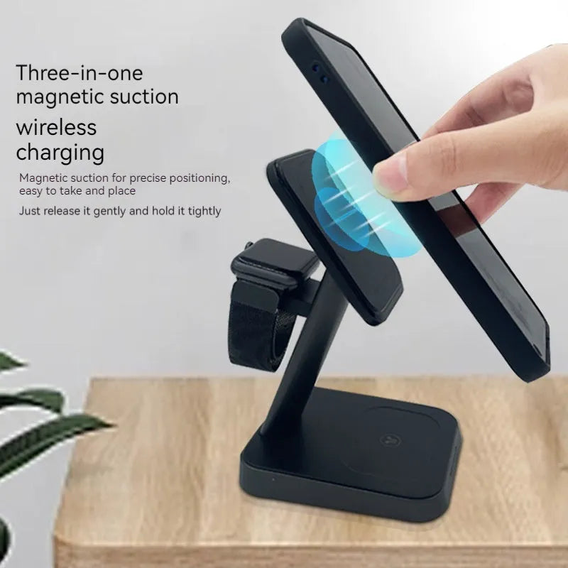 Black cube wireless charging station with vertical phone stand and Apple Watch charger