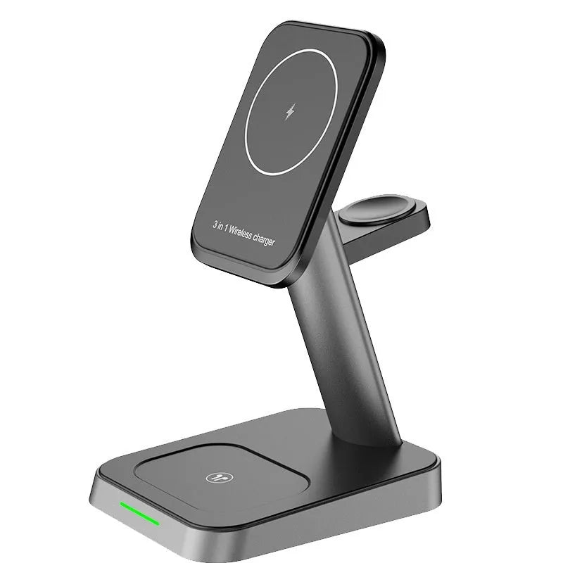 Black cube wireless charging station with vertical phone stand and Apple Watch charger