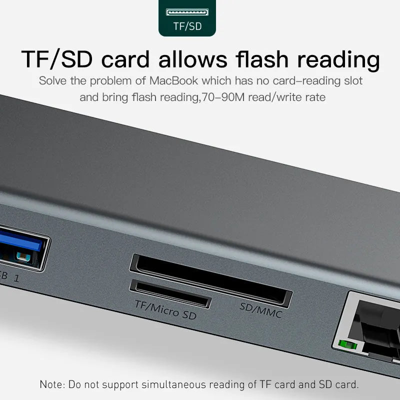 Grey aluminium USB-C docking station with cooling bracket showing multiple ports including HDMI and network
