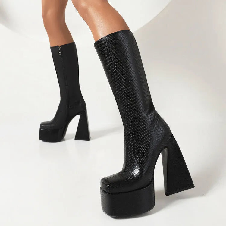 Women's black artificial PU leather high boots, casual style, shown from the side.