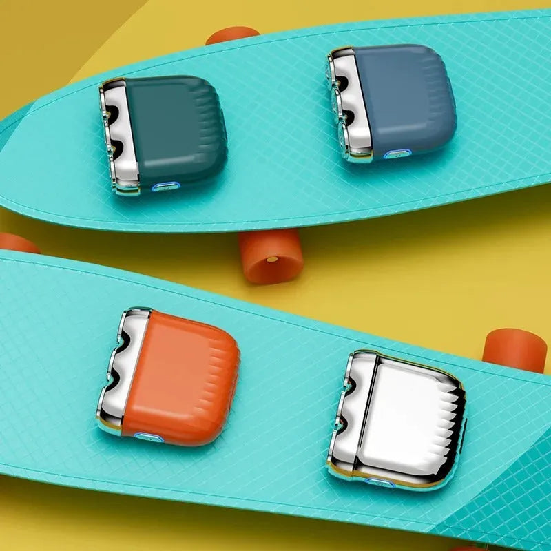 Three-head magnetic mini electric shaver in gun metal, orange, green, or blue colours with floating cutter design