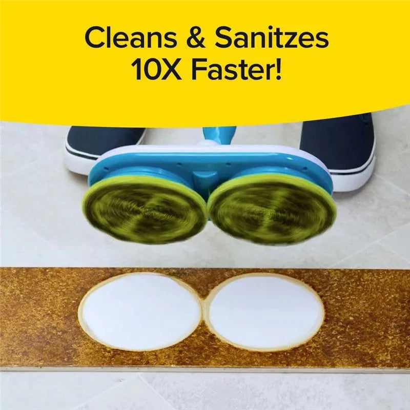 Handheld wireless electric floor cleaning mop with USB charging port and assorted cleaning pads.