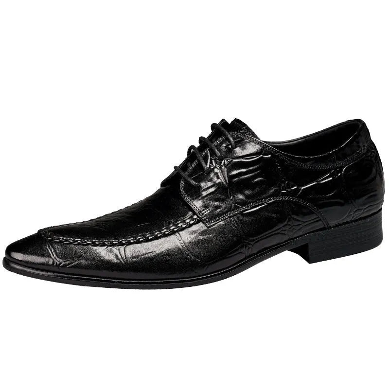 Men's black and brown leather shoes with alligator pattern texture and horse bit buckle detail