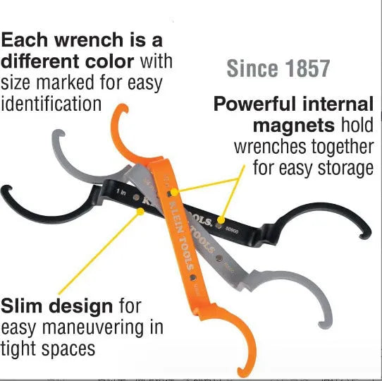 Three crescent wrenches with magnetic suction and catheter locking in orange, grey, and black colours