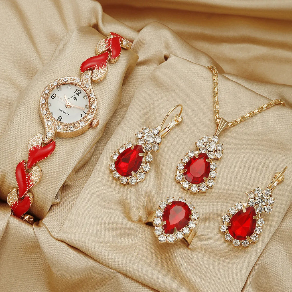 Women's love strap diamond watch with matching earrings, ring, and necklace in black suit option