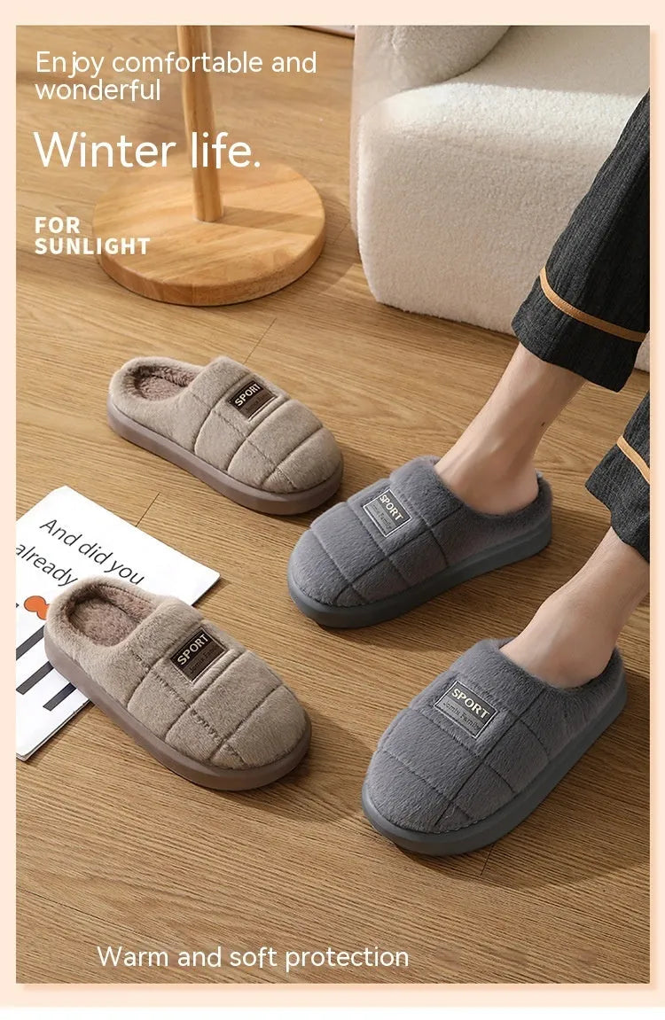 Men's grey plaid slippers with rabbit hair upper and EVA sole, showing toe holder design