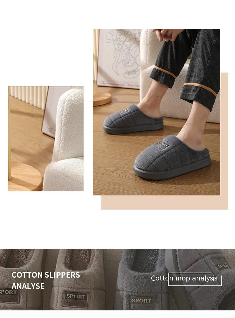 Men's grey plaid slippers with rabbit hair upper and EVA sole, showing toe holder design