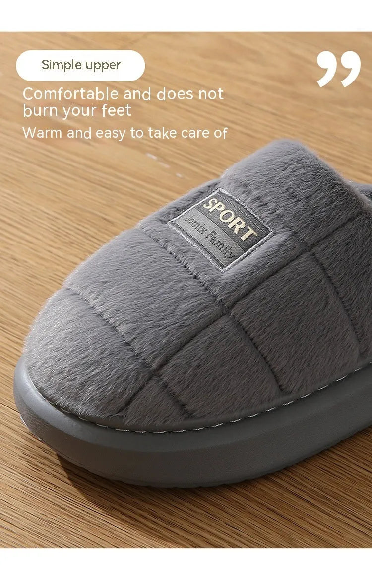 Men's grey plaid slippers with rabbit hair upper and EVA sole, showing toe holder design
