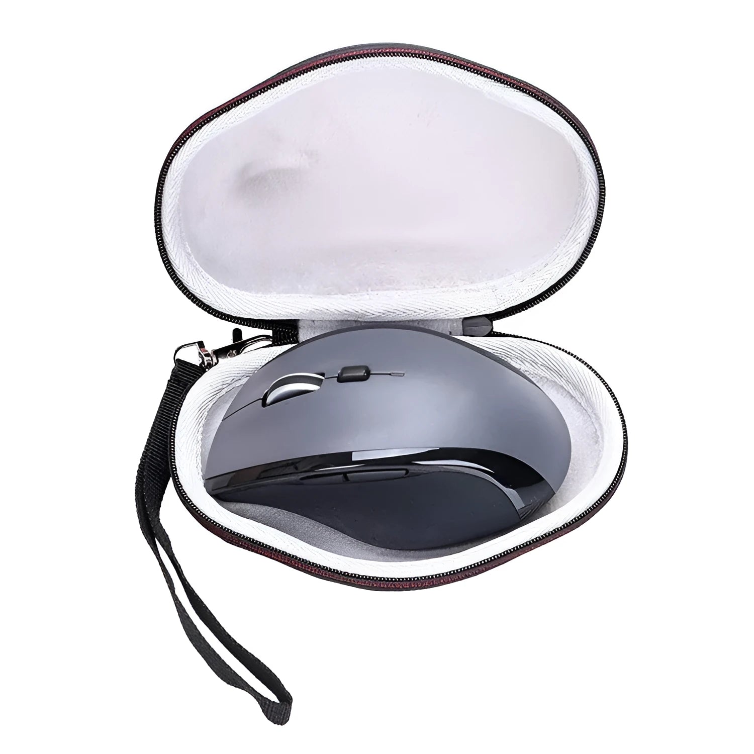 Black M720 mouse protection sleeve with grey interior, showing dimensions