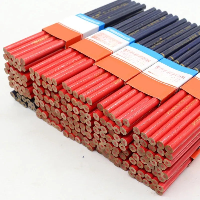 Red and blue two-colour carpenter's pencil in round wooden design - 10 piece pack