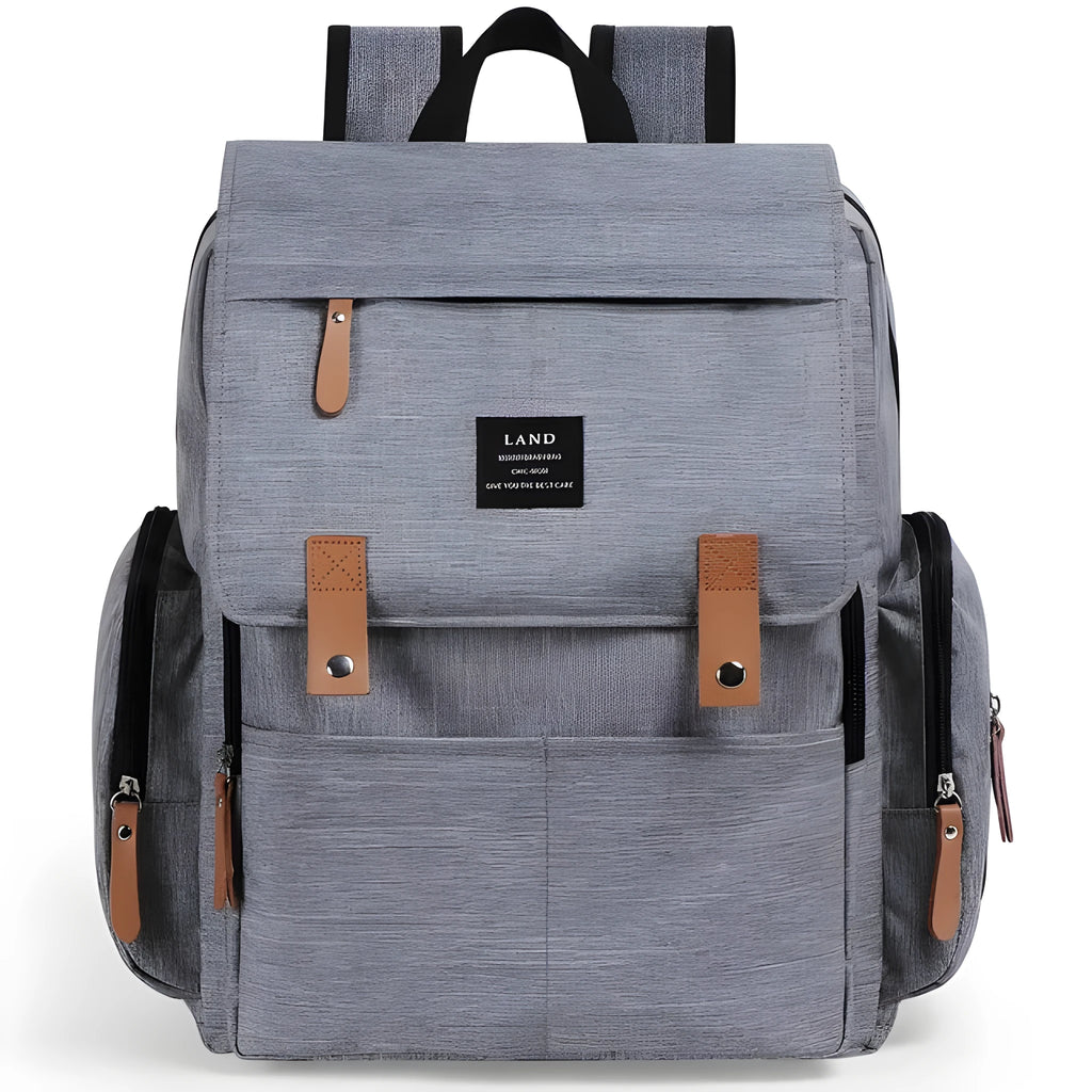 Land Mommy MPB86 grey diaper backpack with changing mat, showing main compartment and straps.