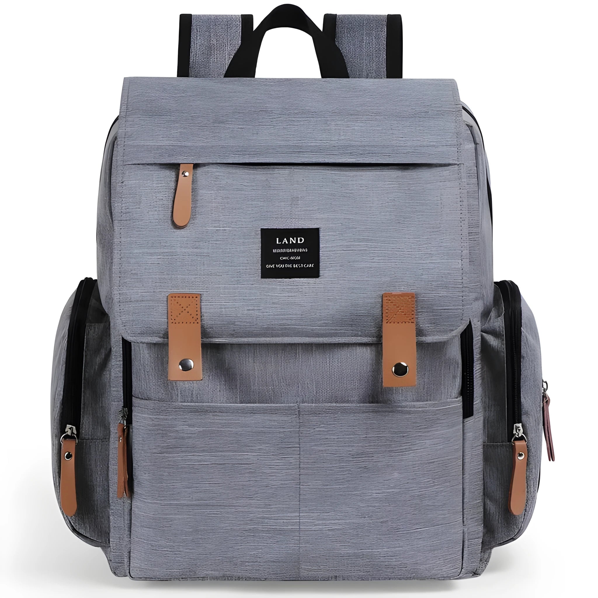 Land Mommy MPB86 grey diaper backpack with changing mat, showing main compartment and straps.