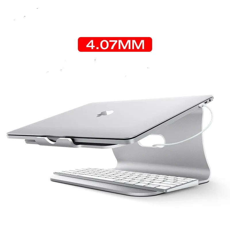 Aluminium laptop cooling bracket in silver colour with rotating base design.
