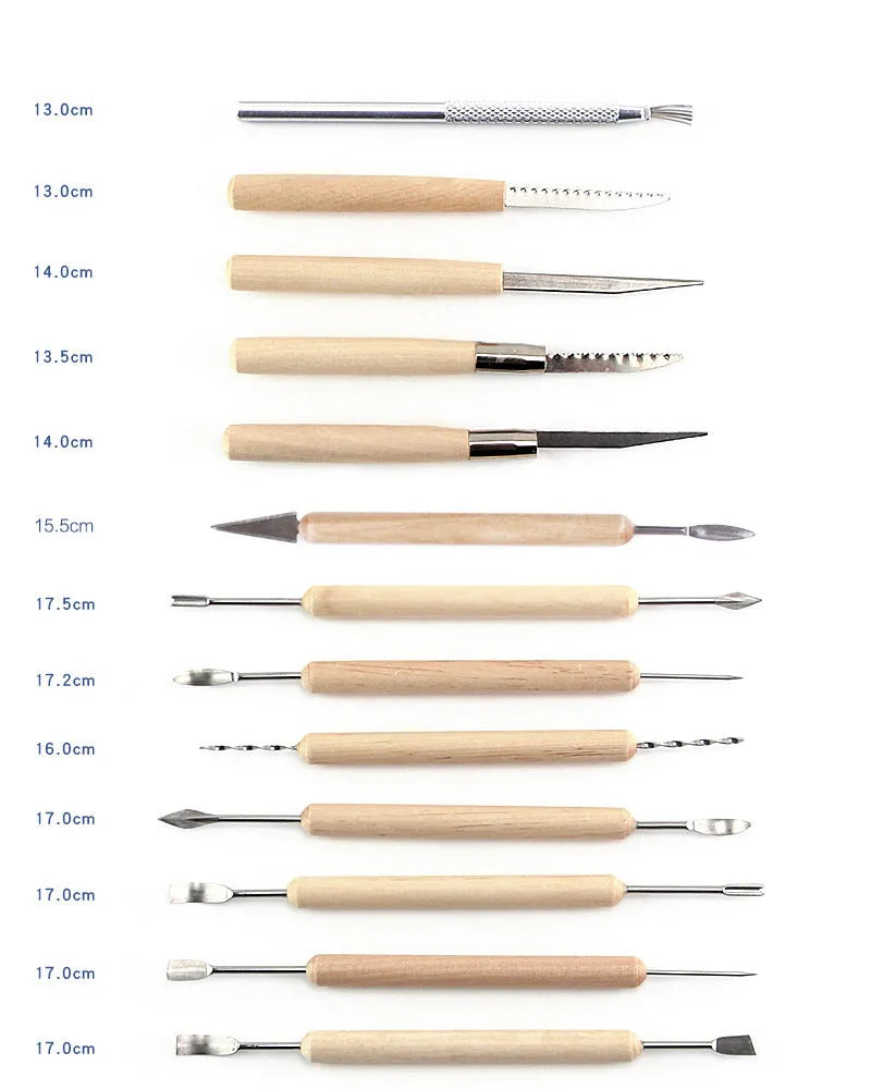 27-piece pottery clay tools set with stainless steel implements, wood handles and plastic accessories in OPP bag
