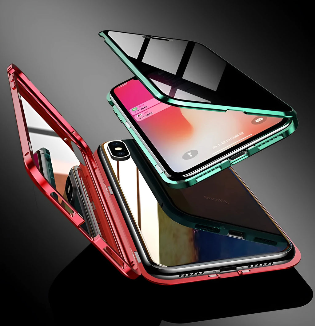 Anti-peeping magnetic phone case for Samsung with double-sided glass and metal frame in solid black colour