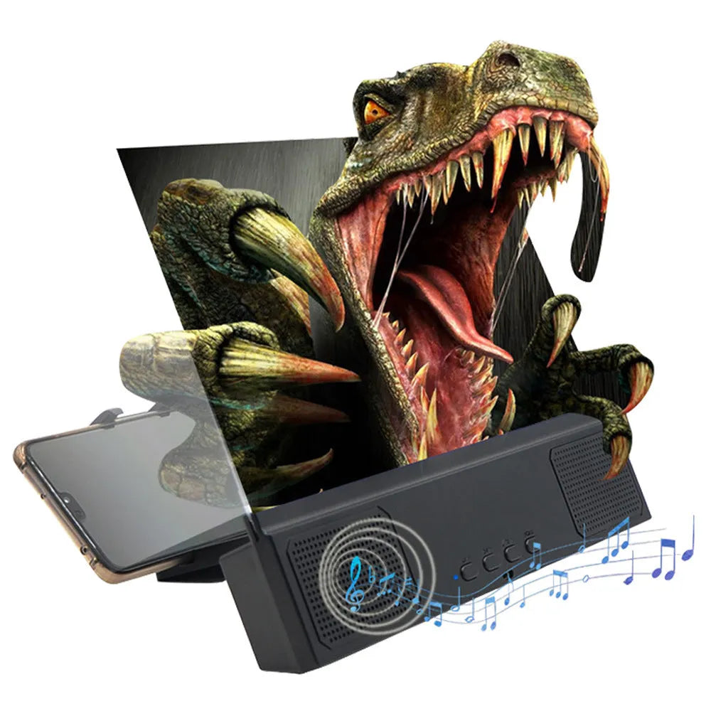 12-inch mobile phone screen amplifier with acrylic lens and ABS housing, showing Bluetooth audio and battery compartment.