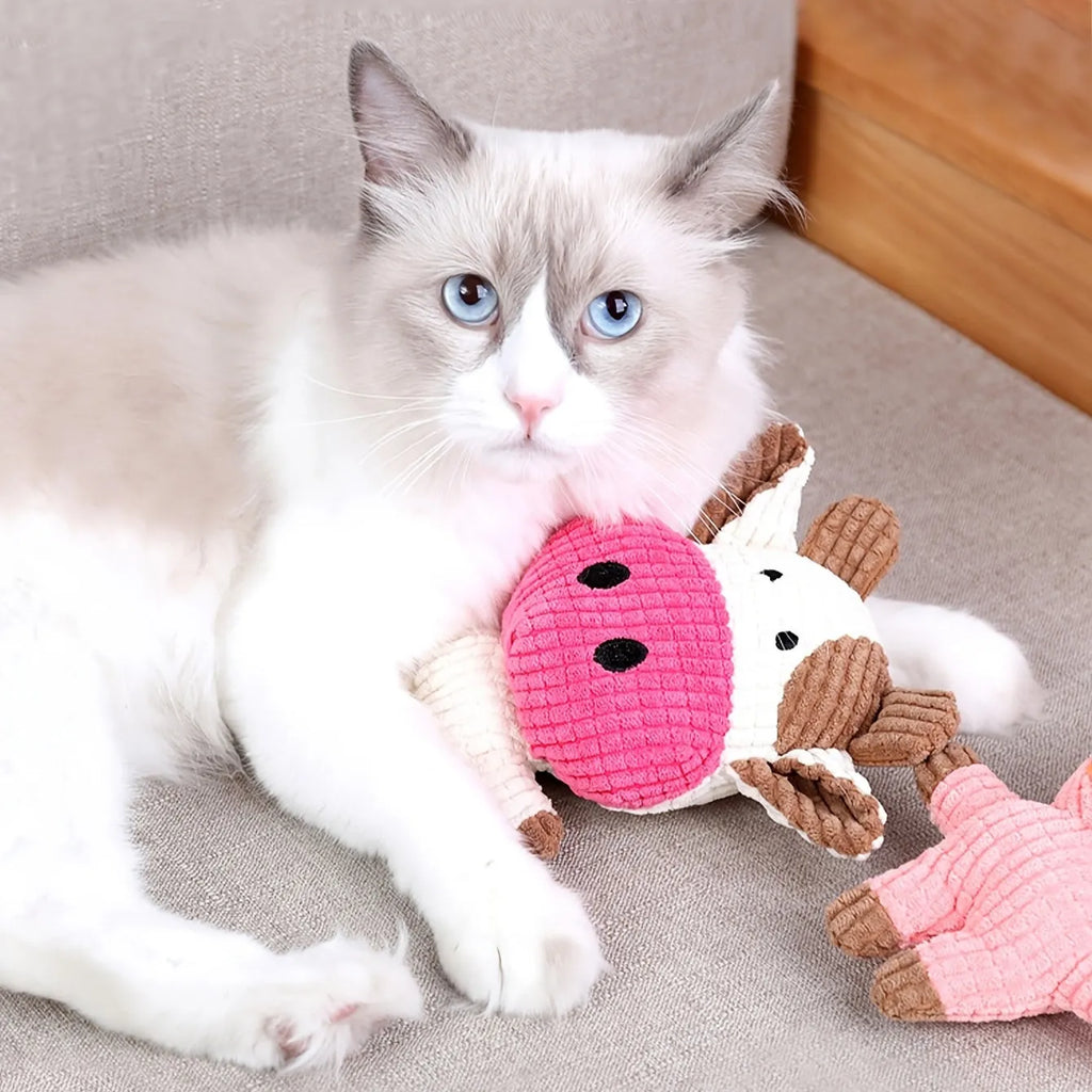 Animal shape plush squeaky dog chew toy with whistle construction in multiple colours