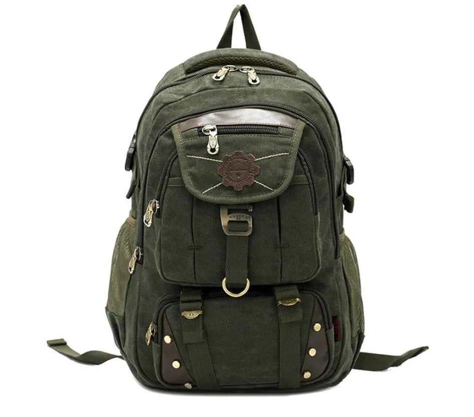 Large canvas computer backpack in military green with car stitching and top handle