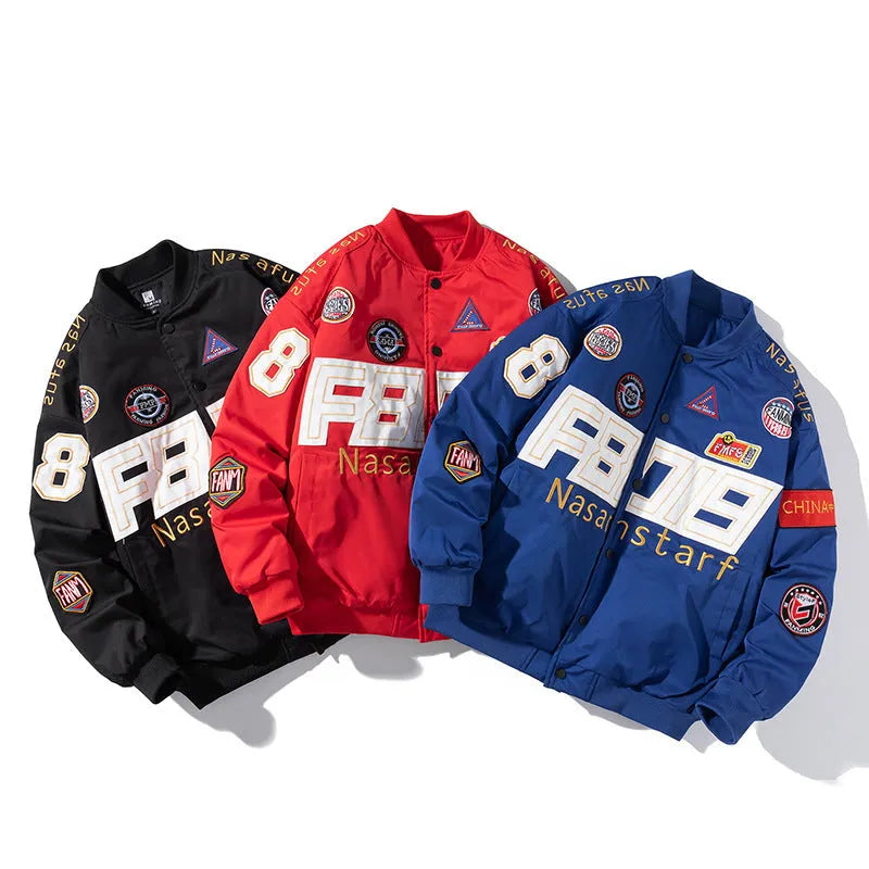 American motorcycle baseball uniform in black, blue, or red with removable hood and side pocket