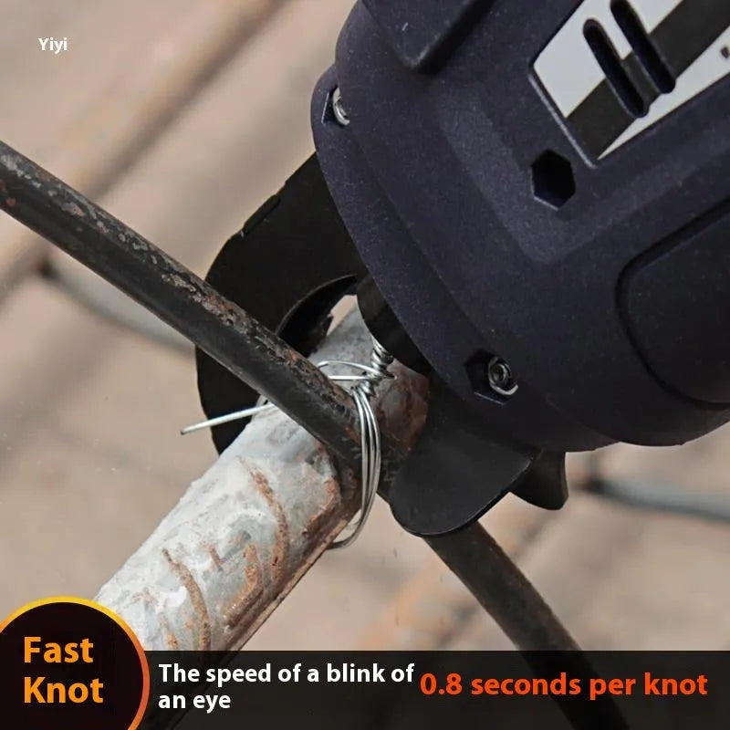 Automatic electric steel bar tying machine with battery and coil of wire for construction sites.