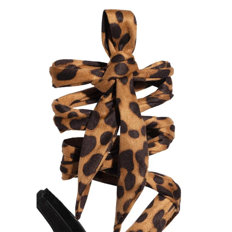 Light brown leopard print women's high heels with cross straps and fine Roman heels