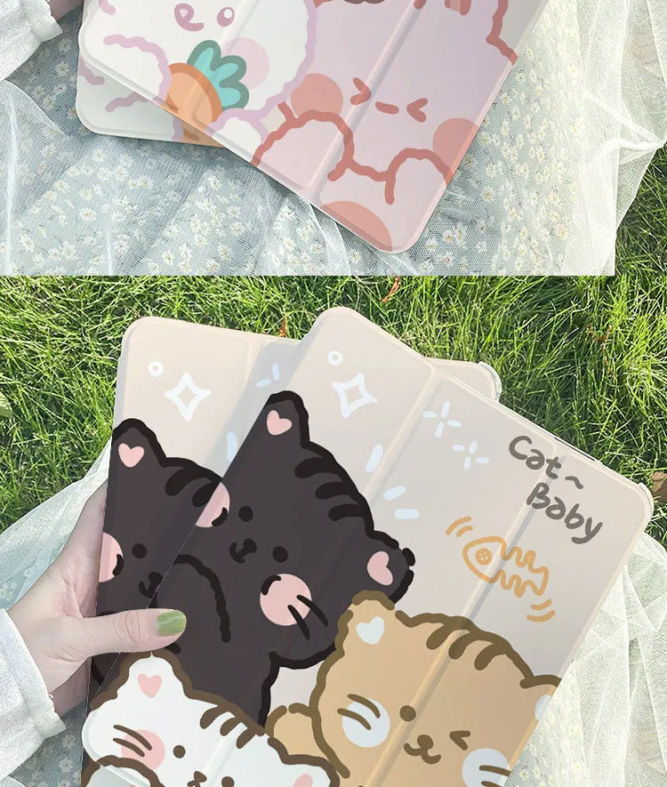 Rabbit cartoon design tri-fold silicone protective case for iPad tablets showing stand function