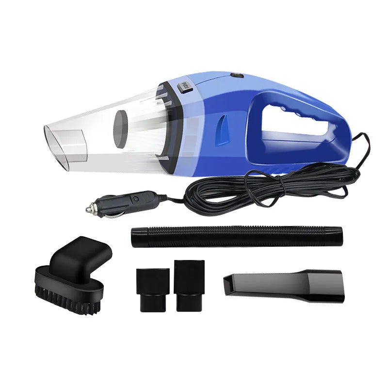 Orange, black, and blue coloured 12V portable handheld car vacuum cleaner with nozzles.