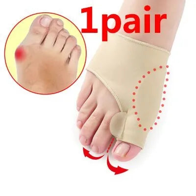 Corrective bunion relief sock with silicone gel pad and toe spacer on a foot, showing stretch fabric.