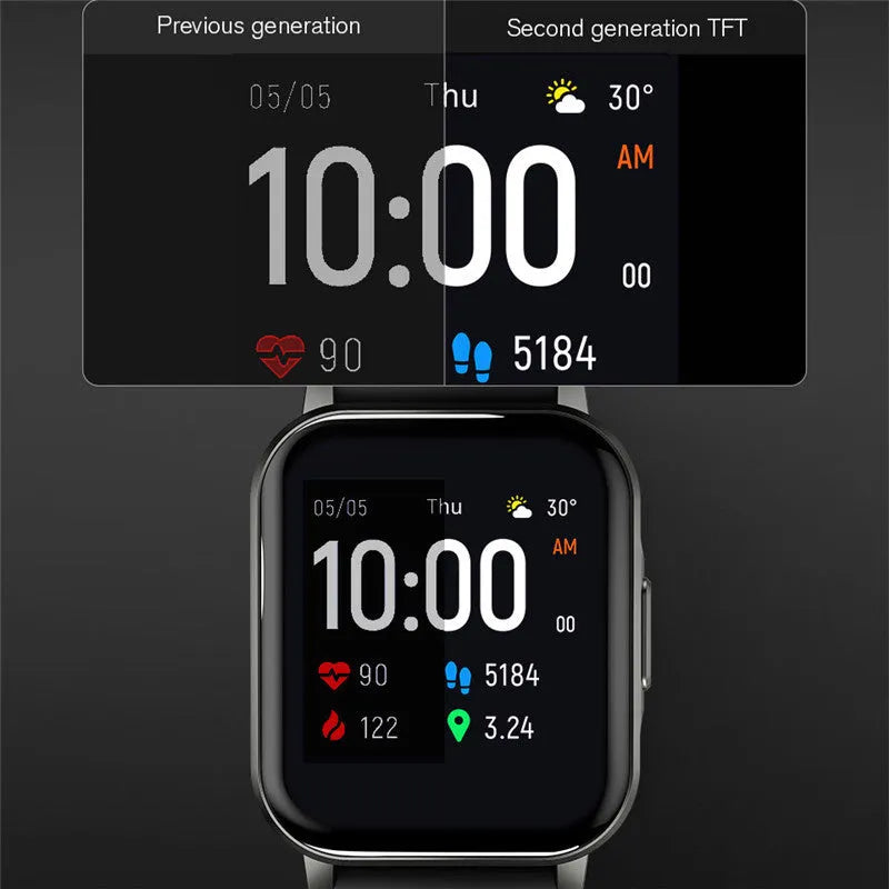 Black waterproof smart bracelet with 1.4-inch touchscreen displaying heart rate monitoring interface