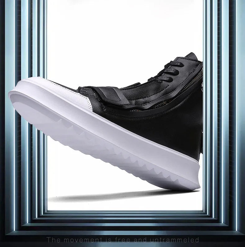 PU leather men's winter ankle boots in high-top sneakers style with microfiber upper, available in black and white colours