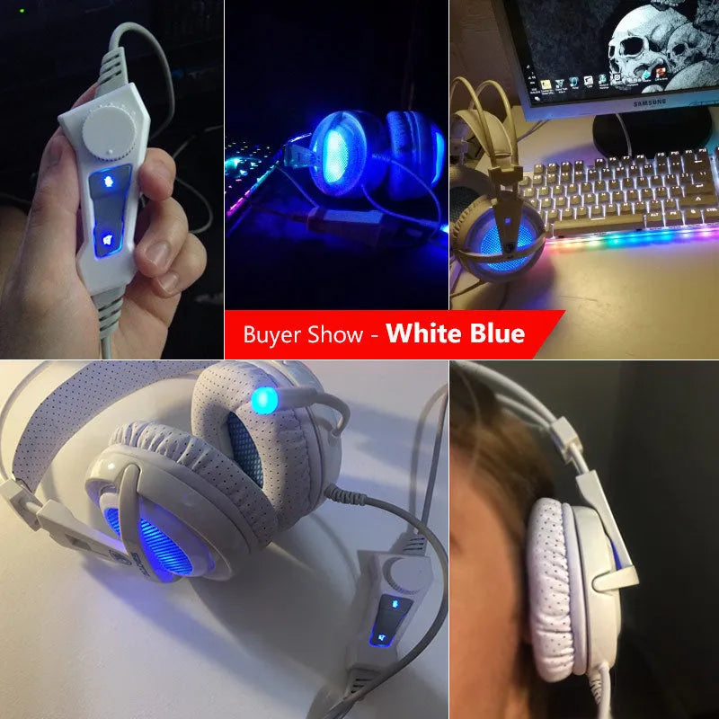 Black and white USB gaming headset with LED lights on ear cups and a padded headband
