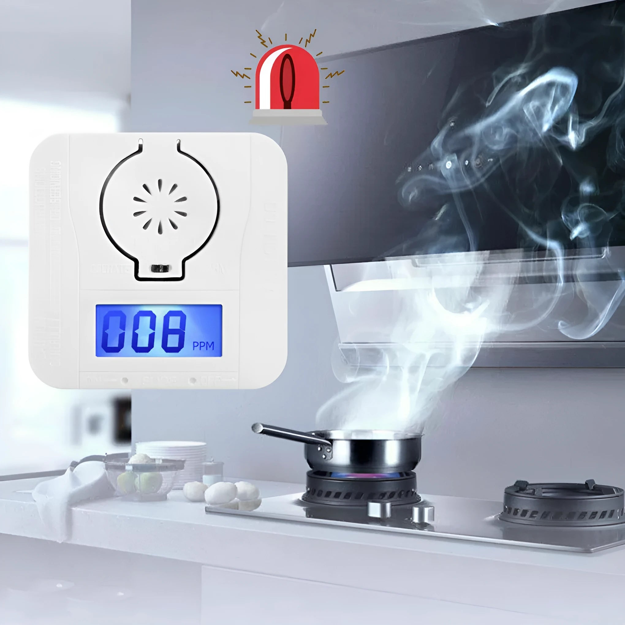White wireless carbon monoxide alarm mounted on a wall for detecting coal stove gas.