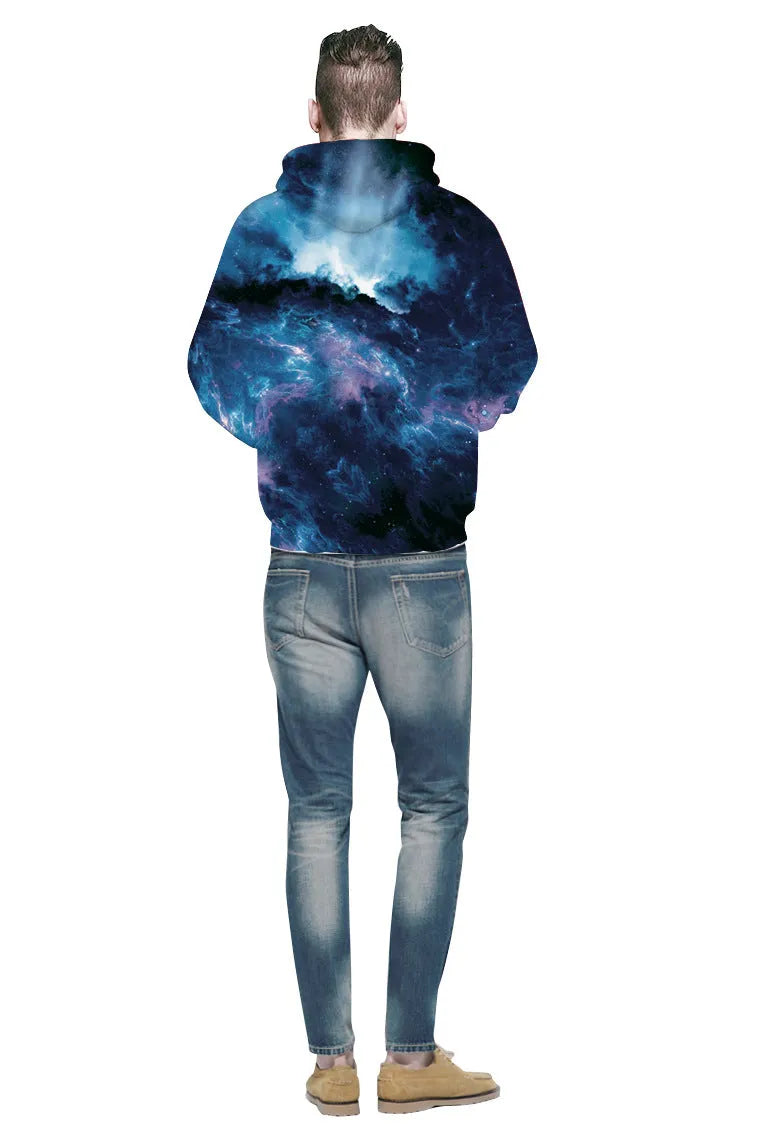 Deep blue galaxy hoodie polyester spandex unisex pullover top front view