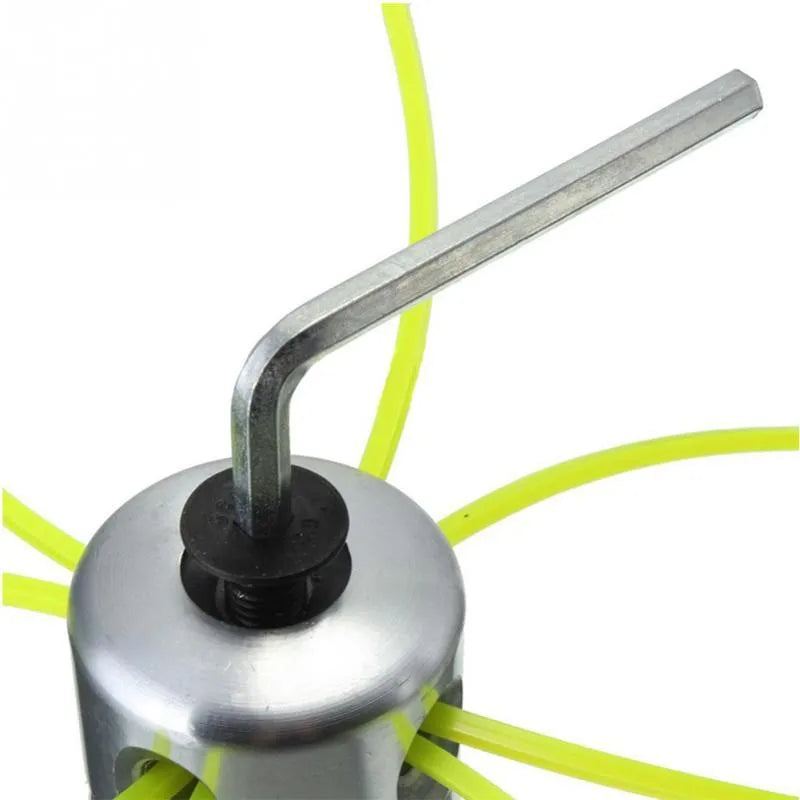 Silver aluminium lawn mower grass trimmer head with four light yellow nylon strings, wrench, and gasket.