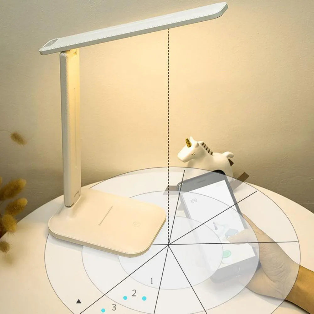 White plastic USB rechargeable bedside lamp with touch dimming controls for children's bedrooms