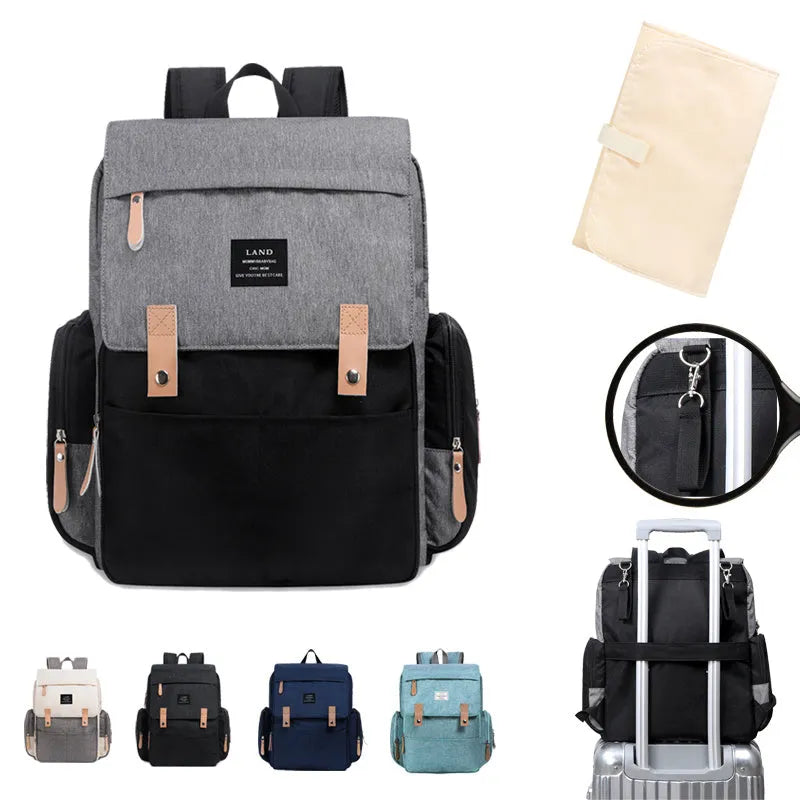 Land Mommy MPB86 grey diaper backpack with changing mat, showing main compartment and straps.