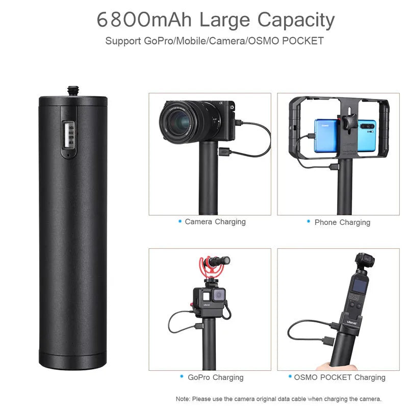 Black aluminium alloy charging handle power bank measuring 12.5cm with 6800mAh capacity