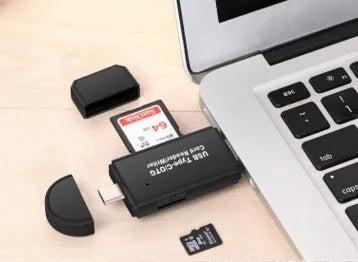 Black USB 3.0 memory card reader supporting SD and TF formats with Type-C interface