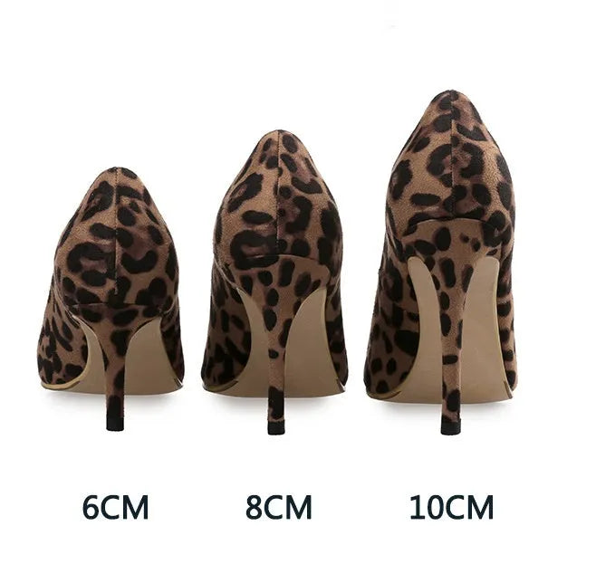 Leopard print women's pumps with 10cm stiletto heel pointed toe slip-on flock upper